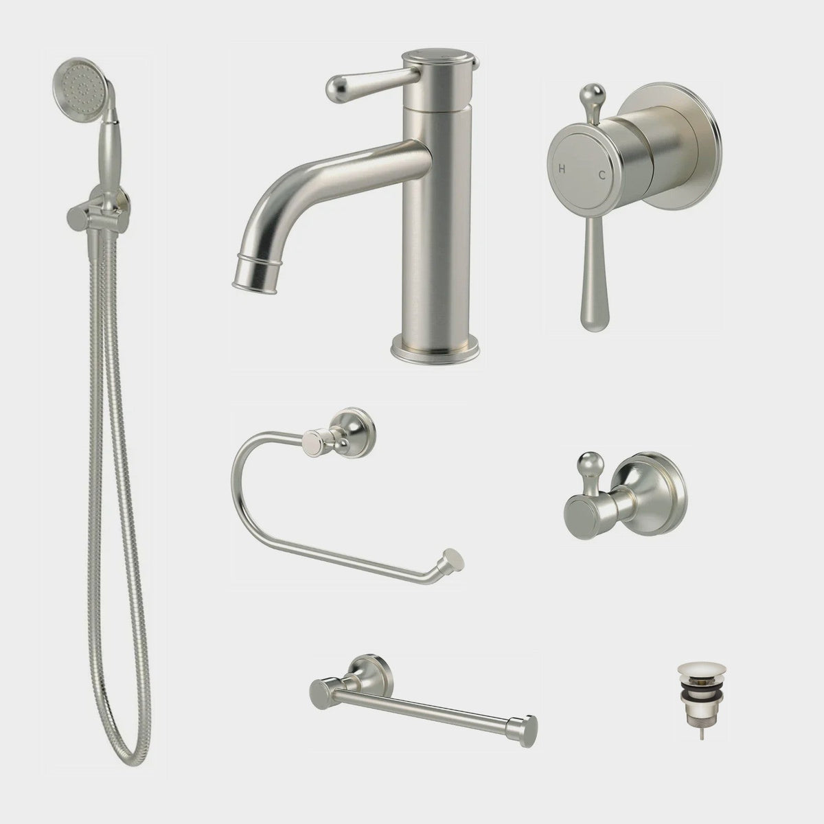 Meir Harrington 8-Piece Bathroom Package - Brushed Nickel: every piece in the package