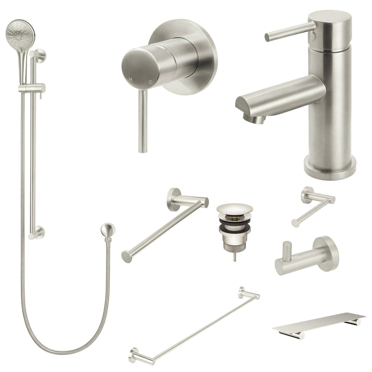 Meir Round 10-Piece Bathroom Package - Brushed Nickel: every piece in the package