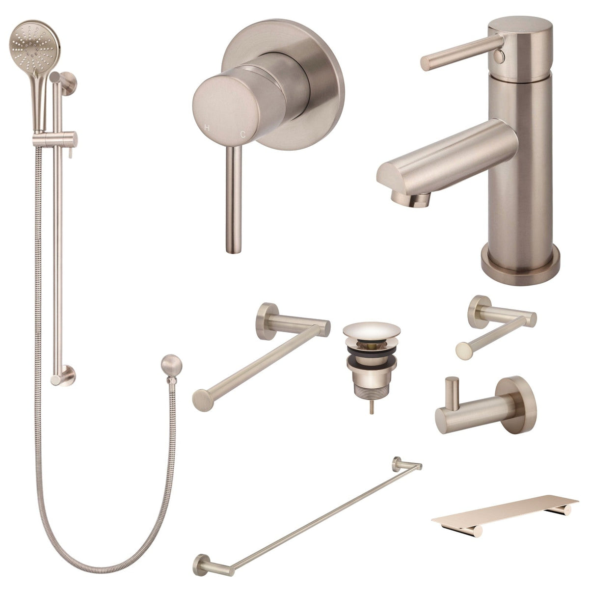 Meir Round 10-Piece Bathroom Package - Champagne: every piece in the package