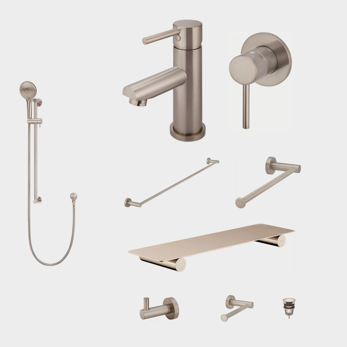 Meir Round 10-Piece Bathroom Package - Champagne: every piece in the package