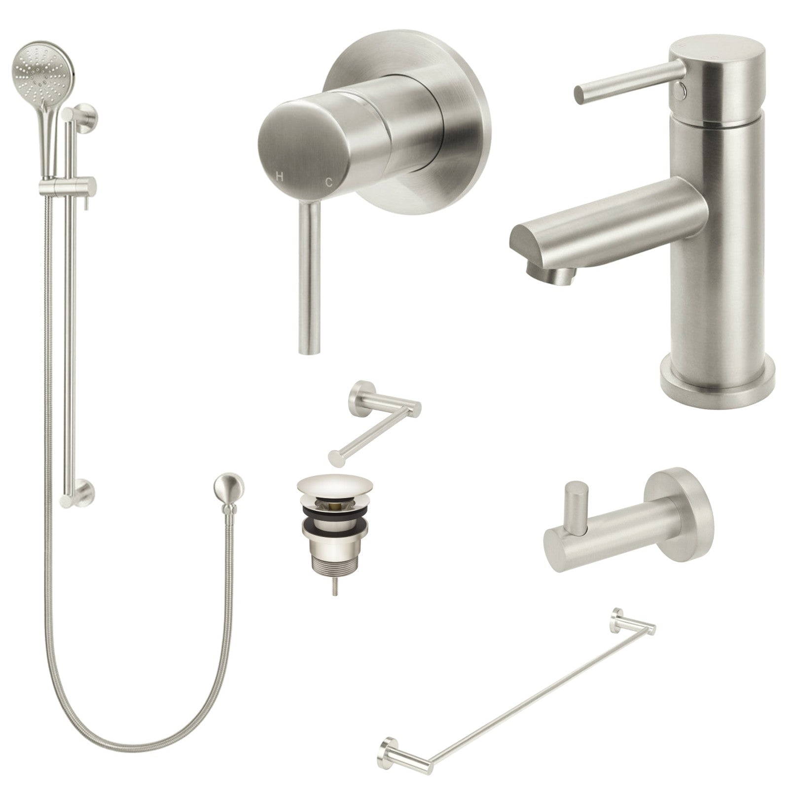 Meir Round 8-Piece Bathroom Package - Brushed Nickel: every piece in the package