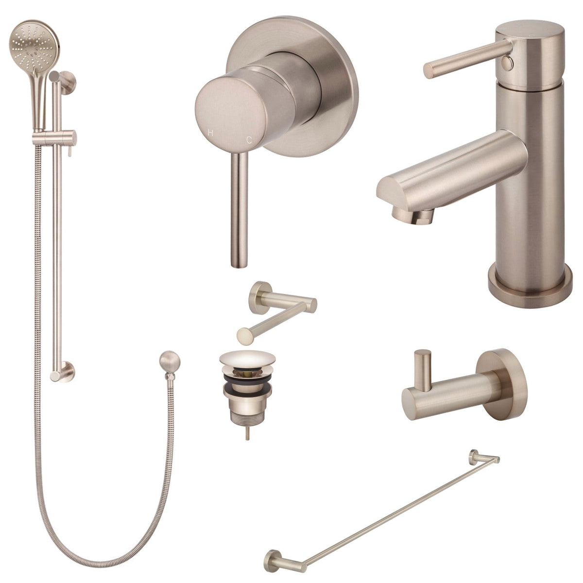 Meir Round 8-Piece Bathroom Package - Champagne: every piece in the package