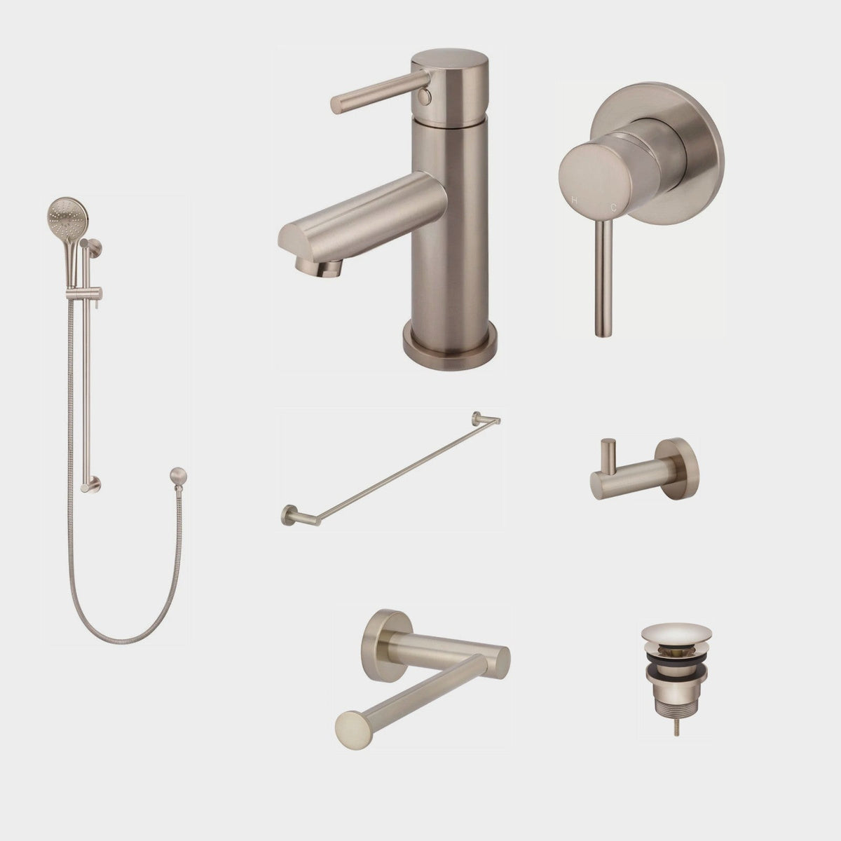 Meir Round 8-Piece Bathroom Package - Champagne: every piece in the package