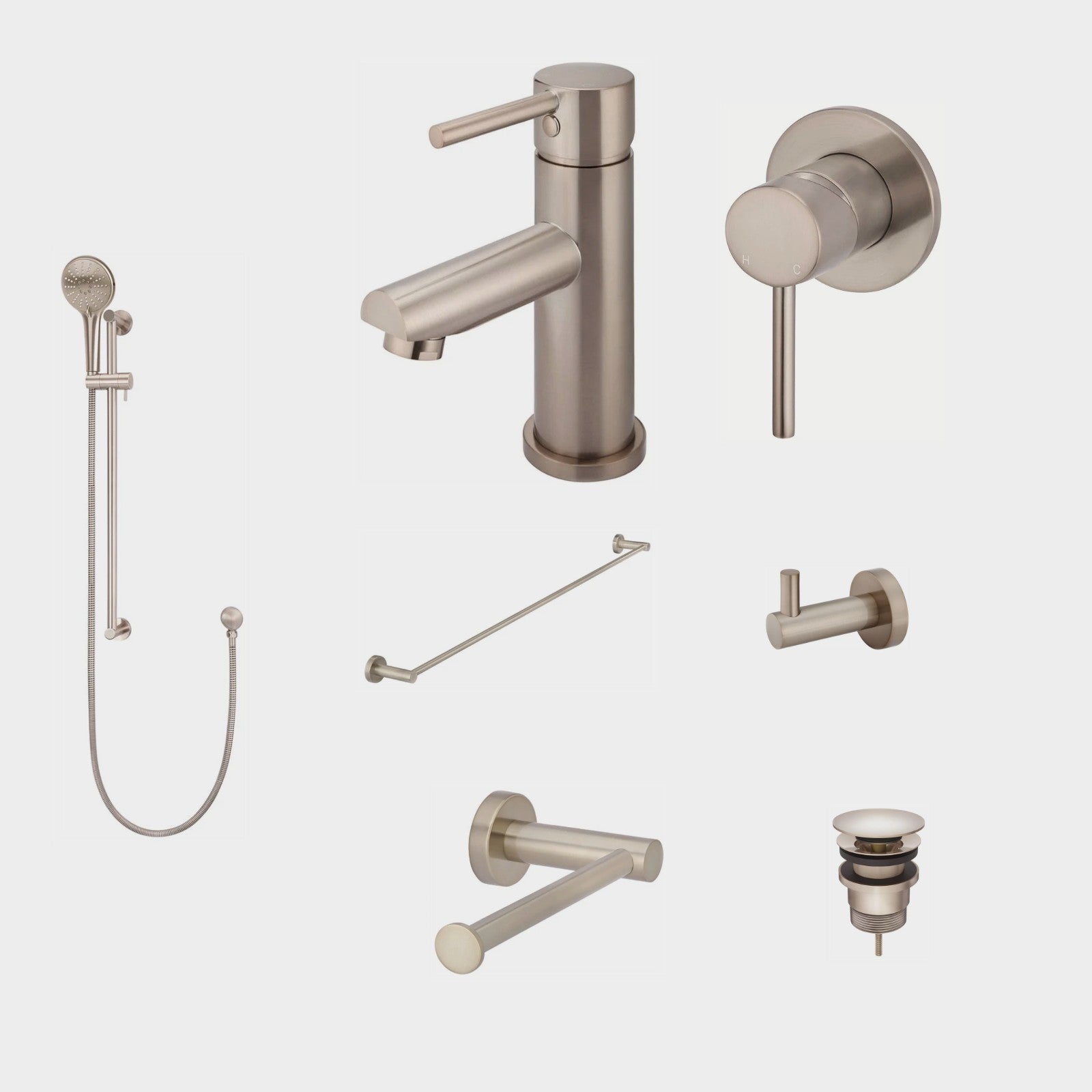 Meir Round 8-Piece Bathroom Package - Champagne: every piece in the package