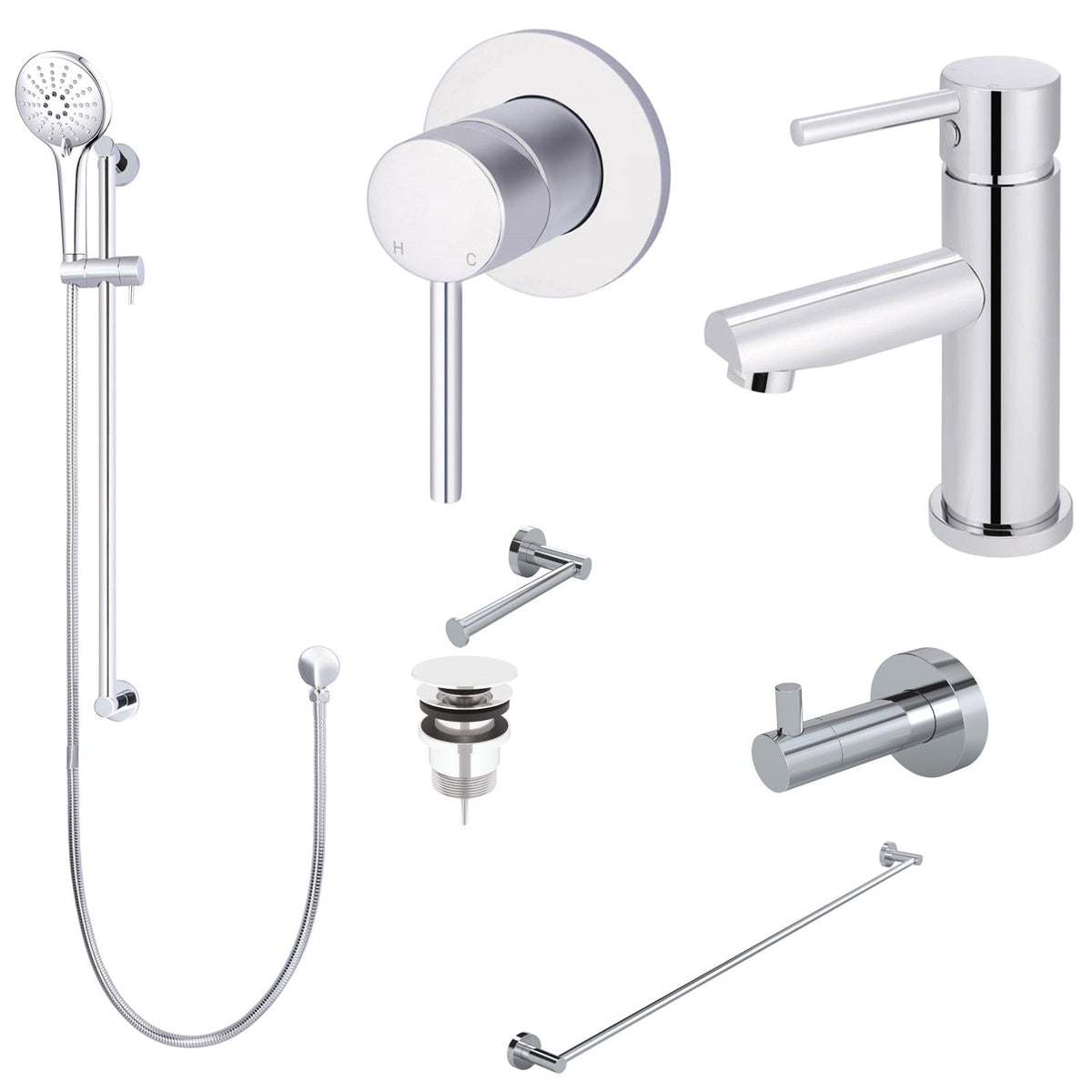 Meir Round 8-Piece Bathroom Package - Chrome: every piece in the package