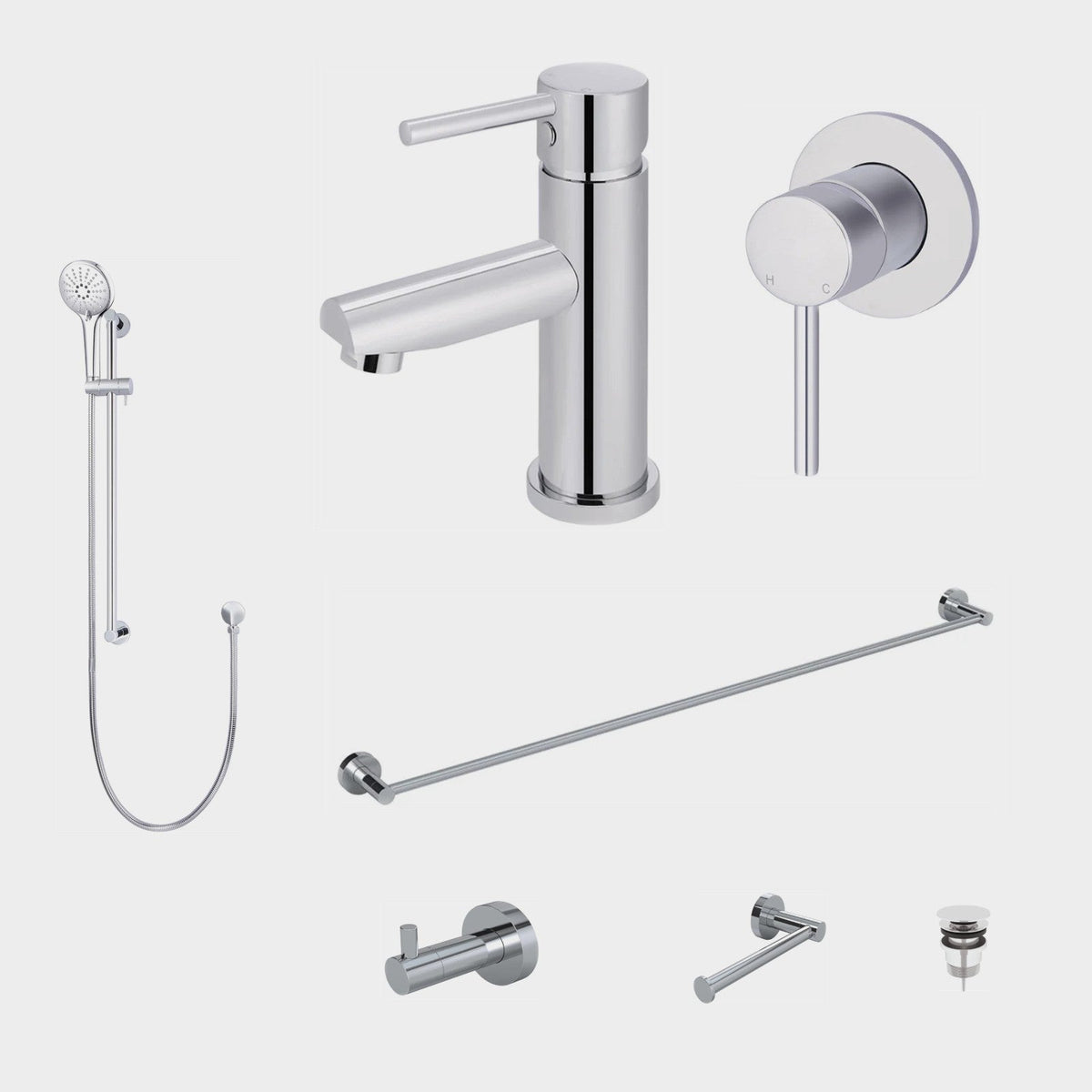 Meir Round 8-Piece Bathroom Package - Chrome: every piece in the package