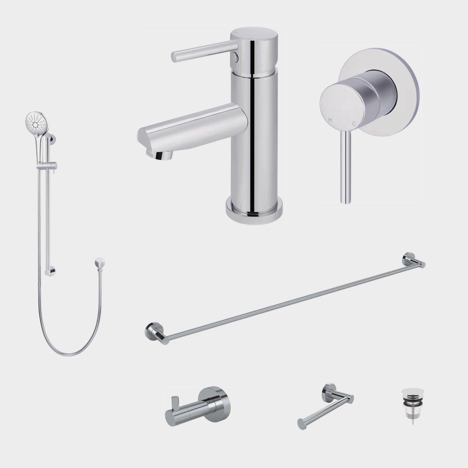Meir Round 8-Piece Bathroom Package - Chrome: every piece in the package
