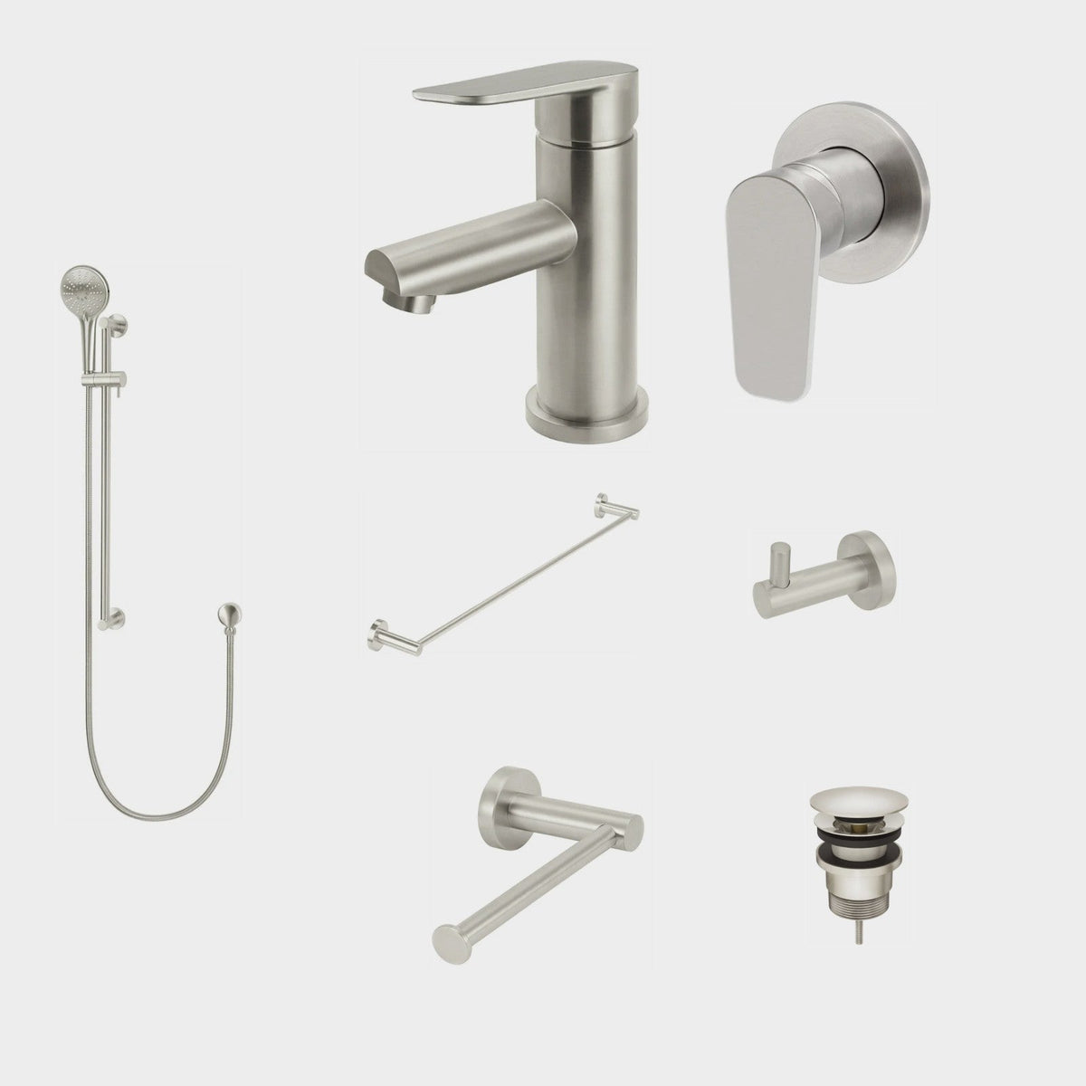 Meir Round Paddle 8-Piece Bathroom Package - Brushed Nickel: every piece in the package