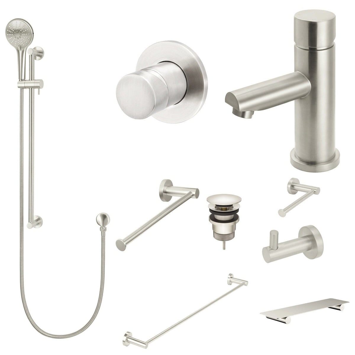 Meir Round Pinless 10-Piece Bathroom Package - Brushed Nickel: every piece in the package