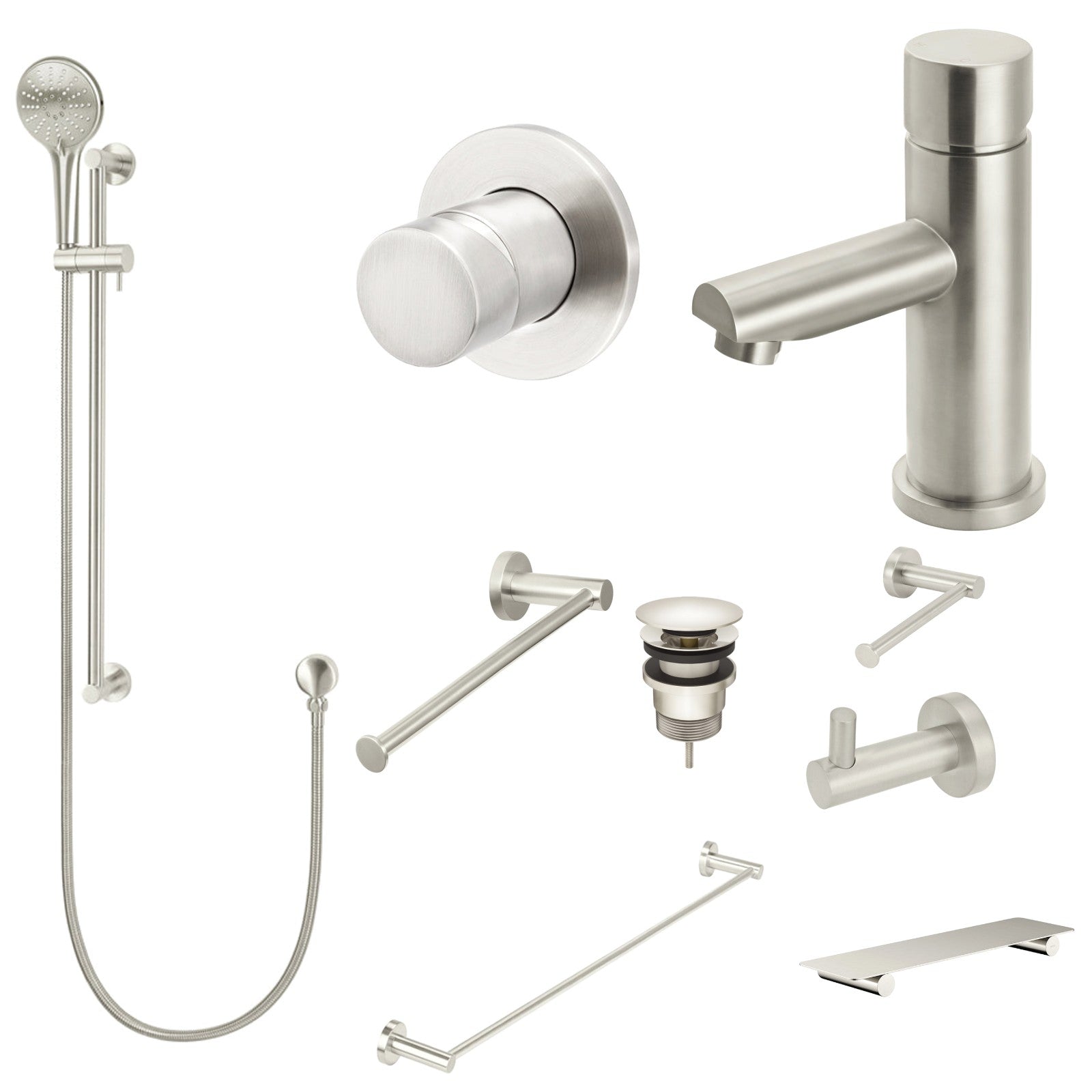 Meir Round Pinless 10-Piece Bathroom Package - Brushed Nickel: every piece in the package