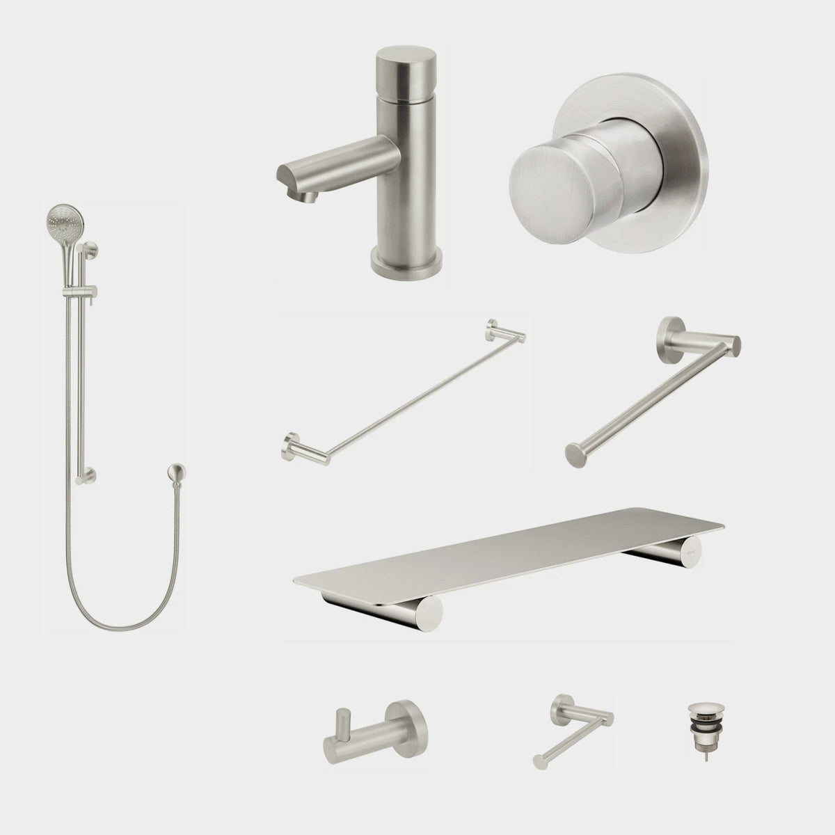 Meir Round Pinless 10-Piece Bathroom Package - Brushed Nickel: every piece in the package