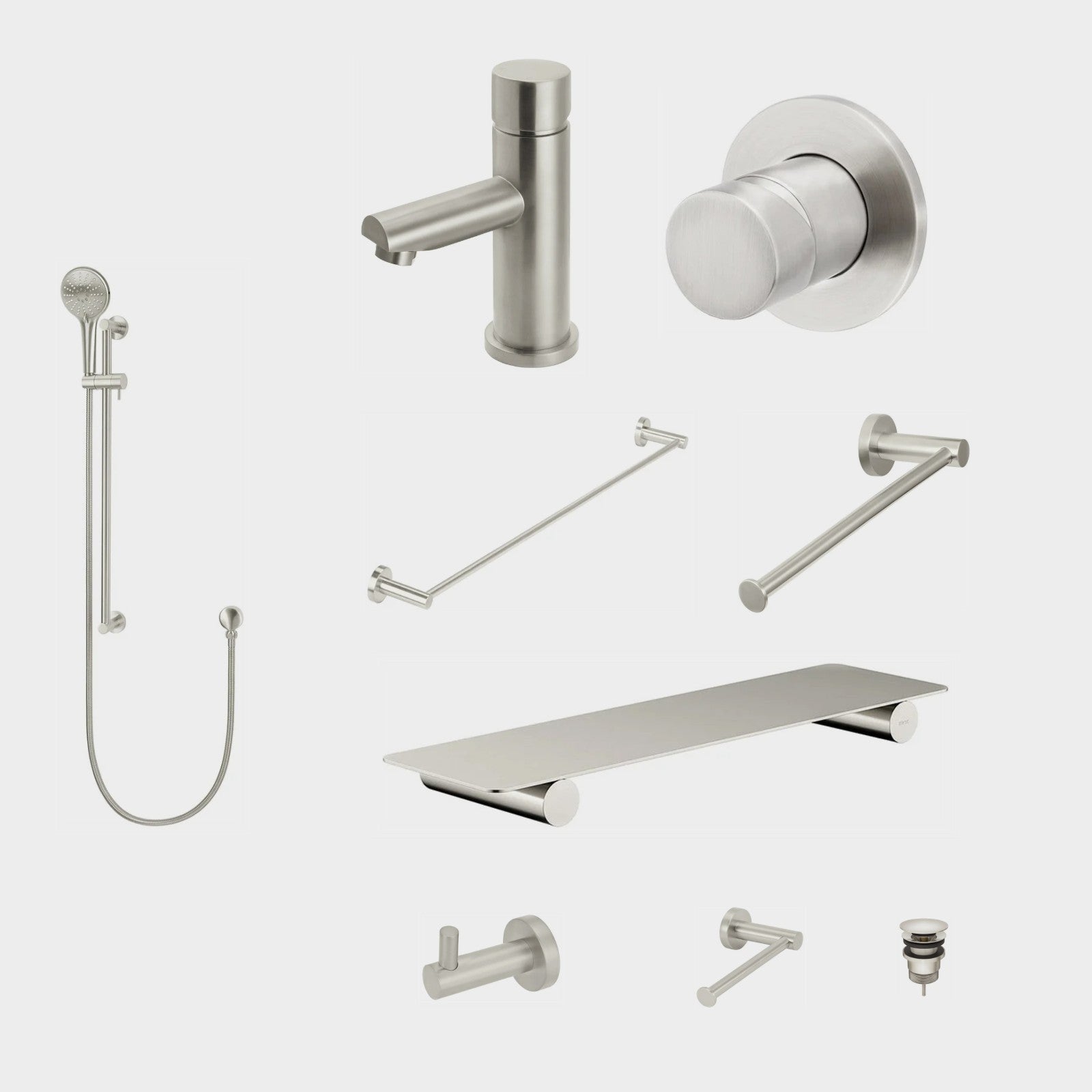 Meir Round Pinless 10-Piece Bathroom Package - Brushed Nickel: every piece in the package
