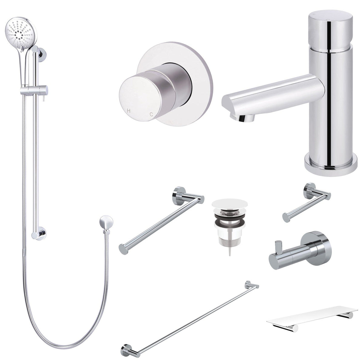 Meir Round Pinless 10-Piece Bathroom Package - Chrome: every piece in the package