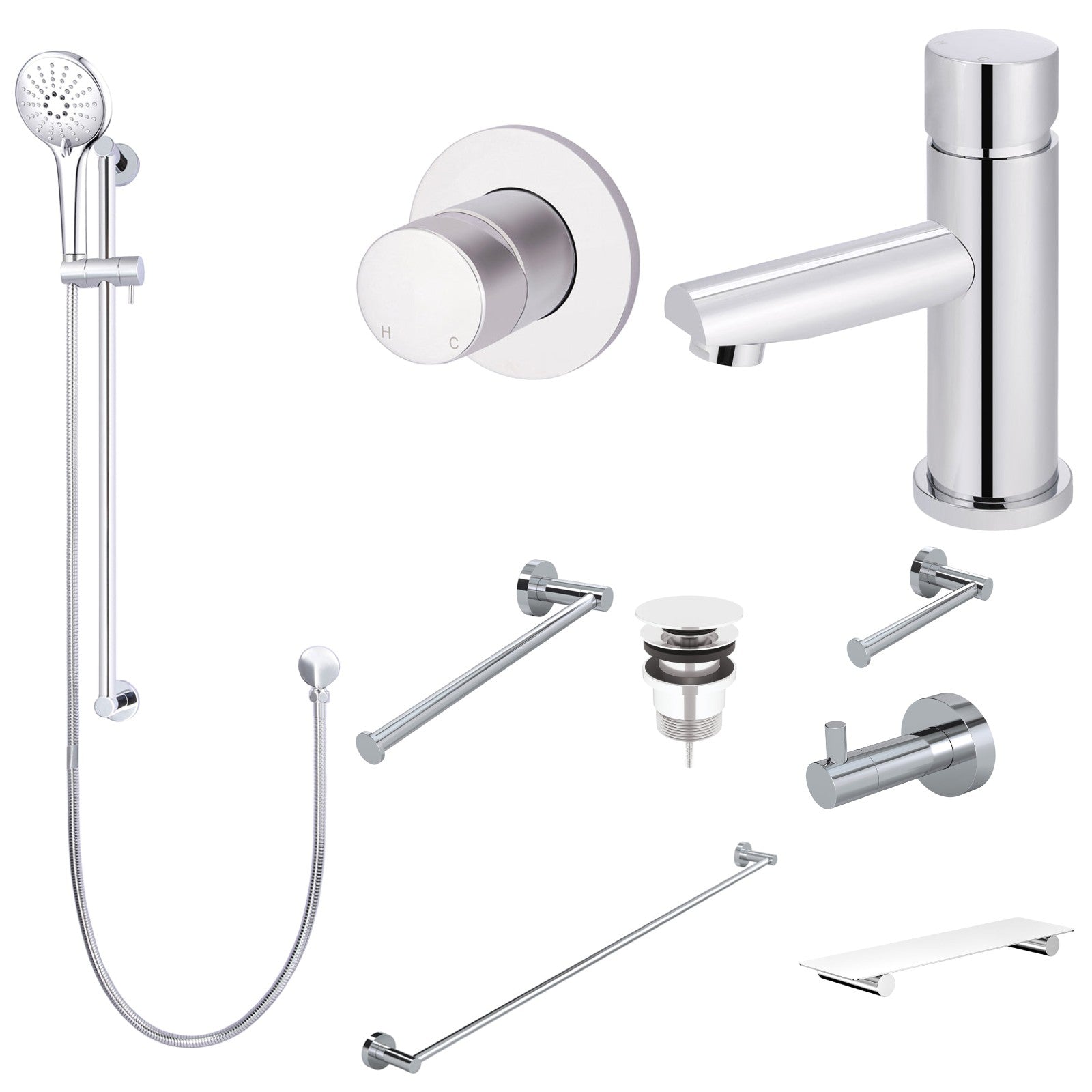 Meir Round Pinless 10-Piece Bathroom Package - Chrome: every piece in the package