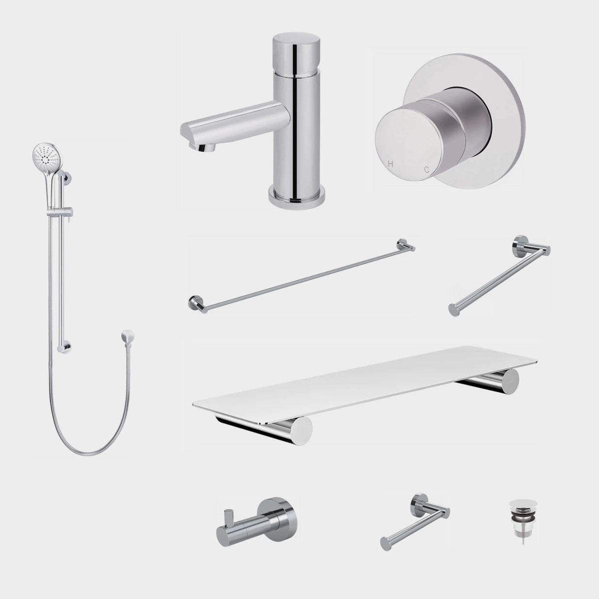 Meir Round Pinless 10-Piece Bathroom Package - Chrome: every piece in the package