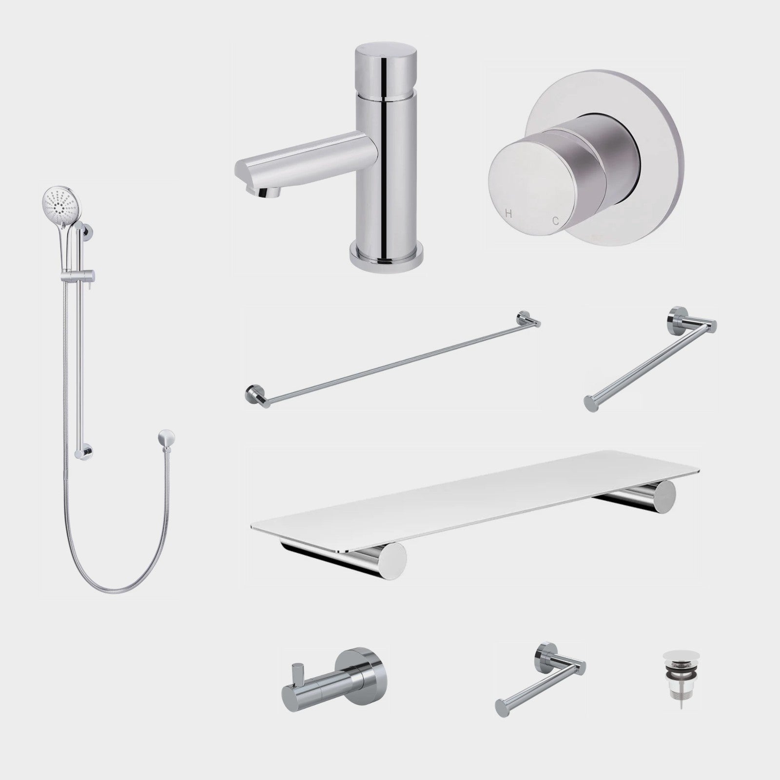 Meir Round Pinless 10-Piece Bathroom Package - Chrome: every piece in the package