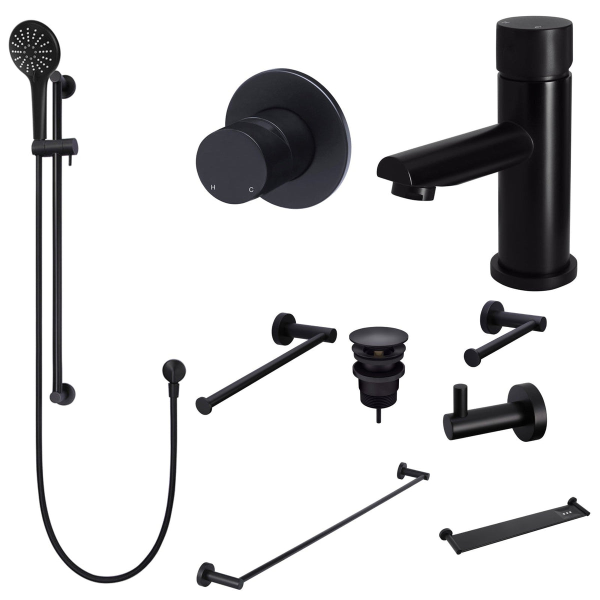 Meir Round Pinless 10-Piece Bathroom Package - Matte Black: every piece in the package