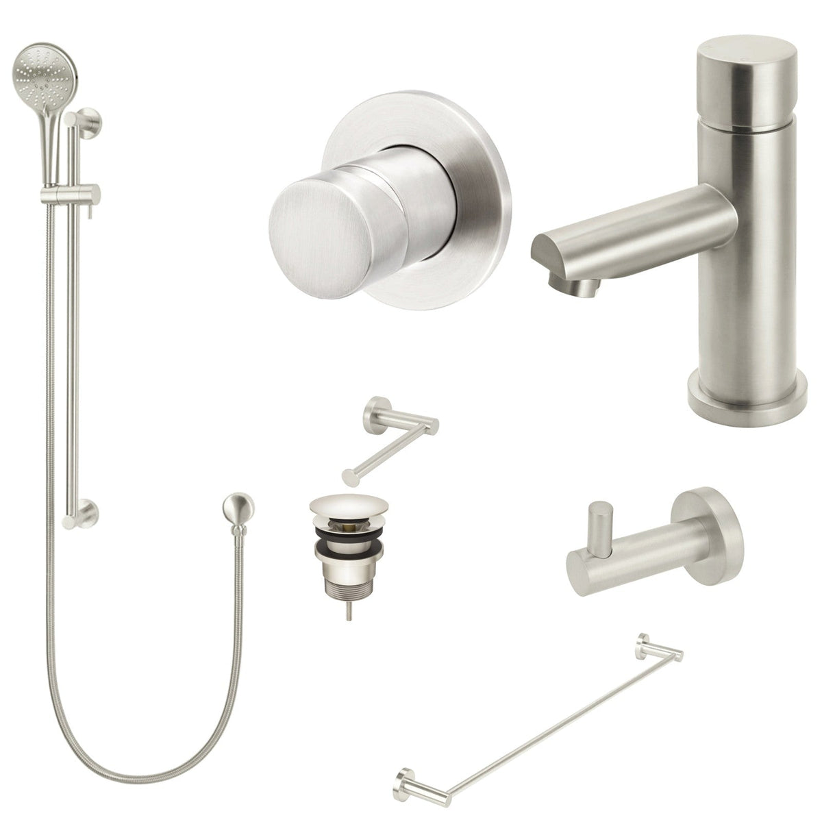 Meir Round Pinless 8-Piece Bathroom Package - Brushed Nickel: every piece in the package