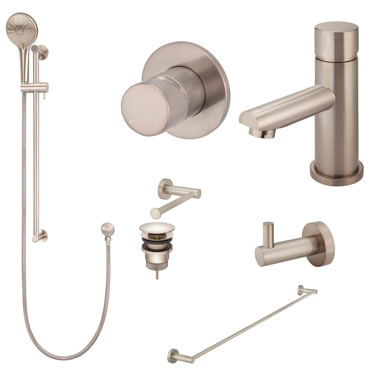 Meir Round Pinless 8-Piece Bathroom Package - Champagne: every piece in the package