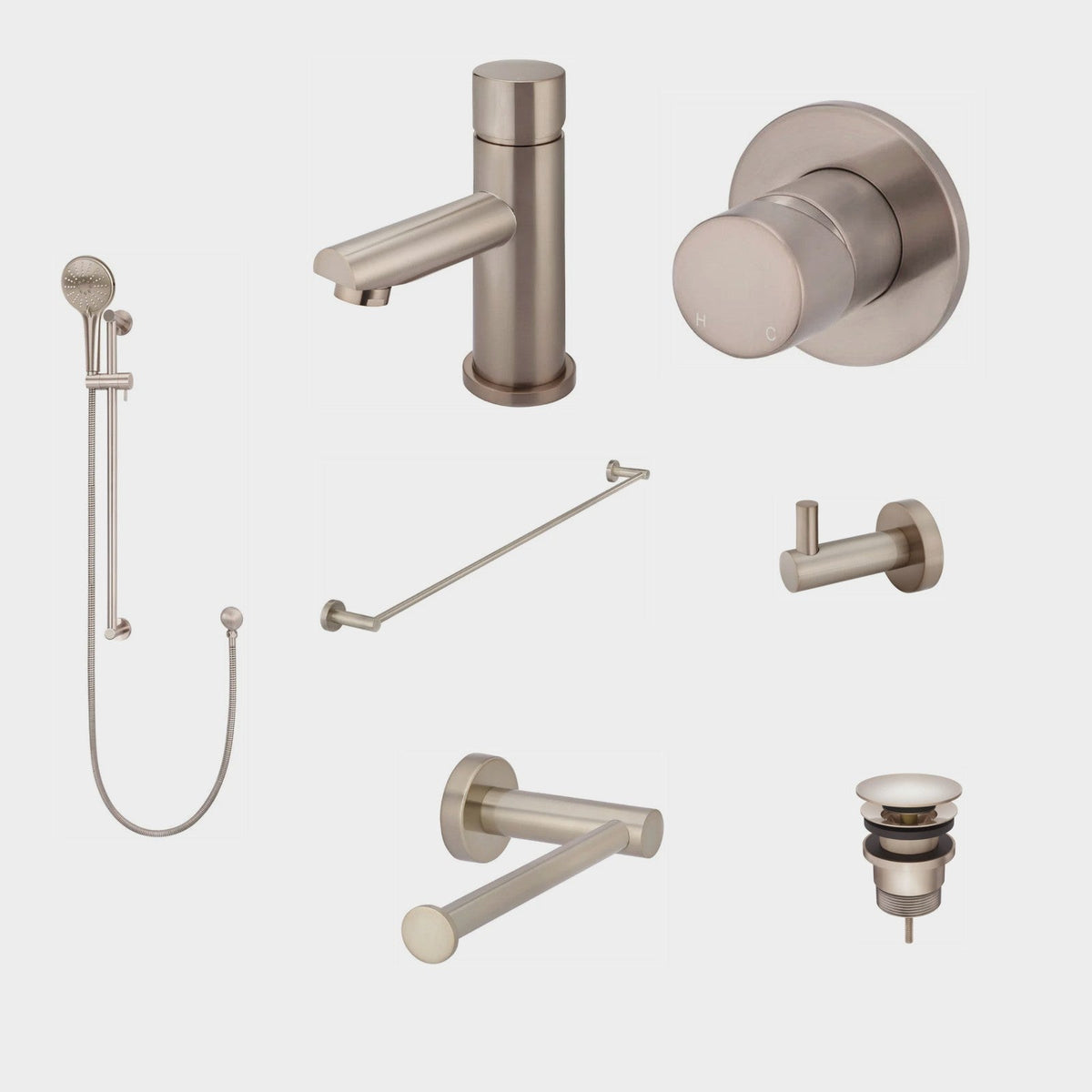 Meir Round Pinless 8-Piece Bathroom Package - Champagne: every piece in the package