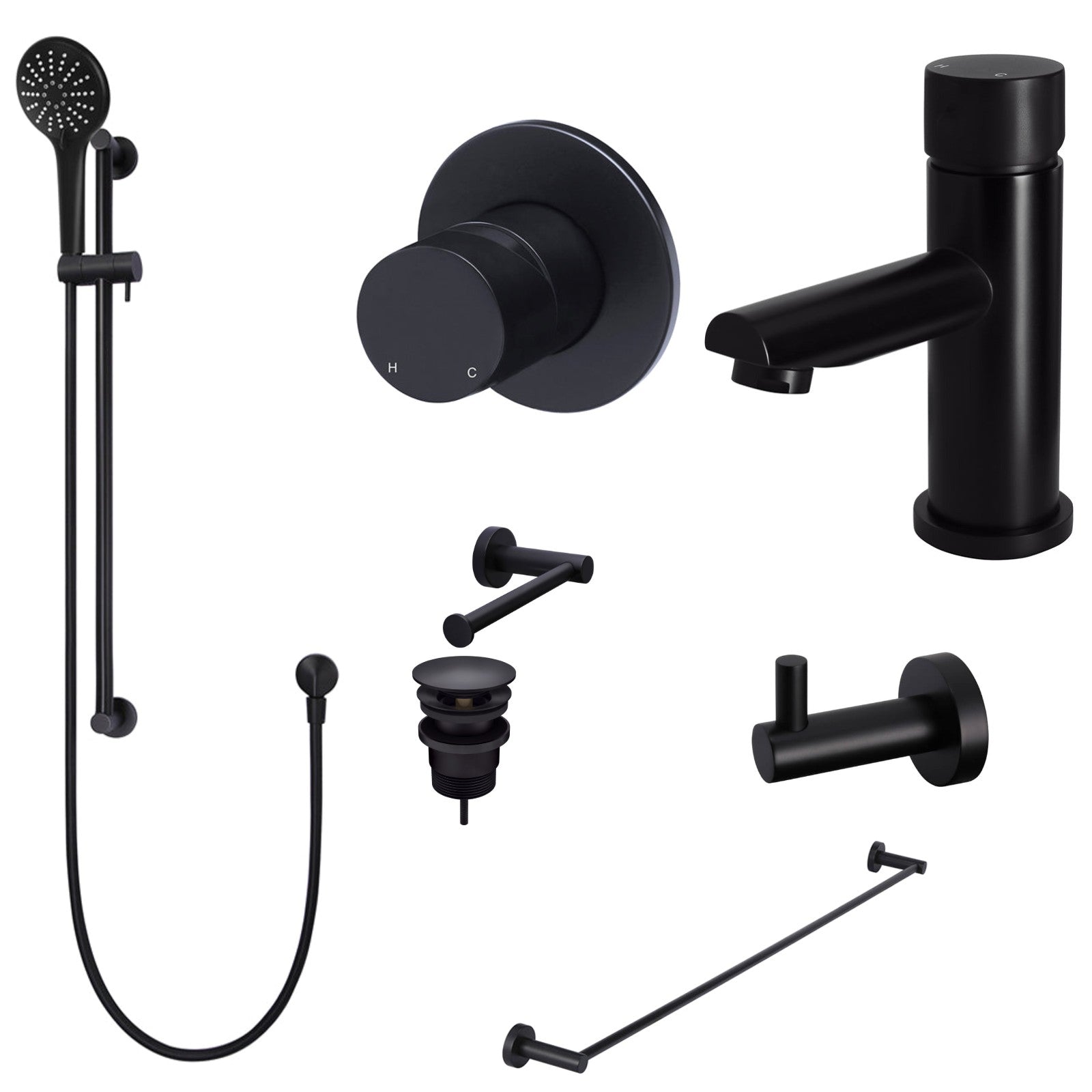 Meir Round Pinless 8-Piece Bathroom Package - Matte Black: every piece in the package