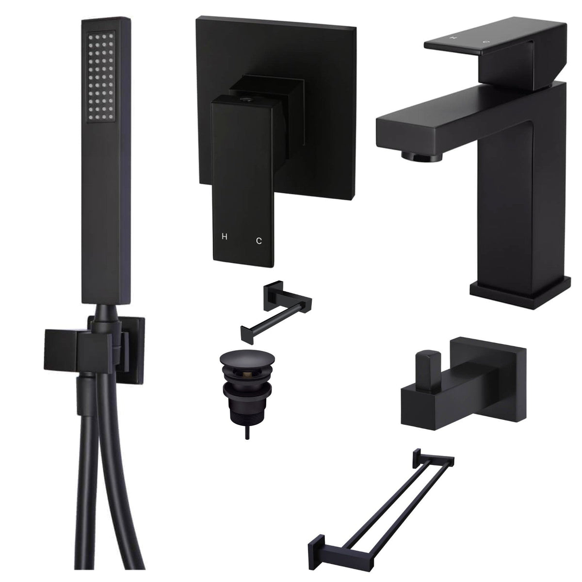 Meir Square 7-Piece Bathroom Package - Matte Black: every piece in the package