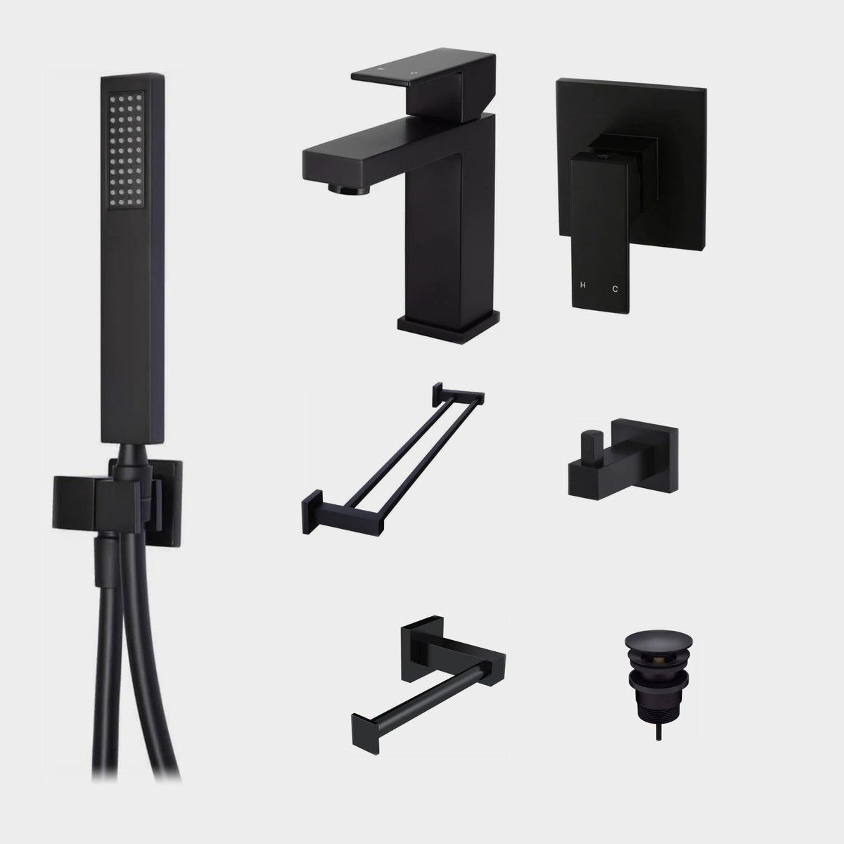 Meir Square 7-Piece Bathroom Package - Matte Black: every piece in the package