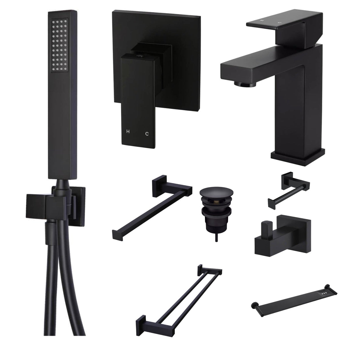 Meir Square 9-Piece Bathroom Package - Matte Black: every piece in the package