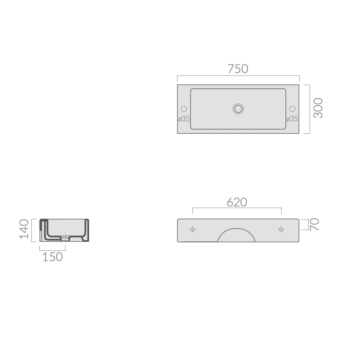 Arcisan Plus Design 750 x 300 Wall Hung Basin