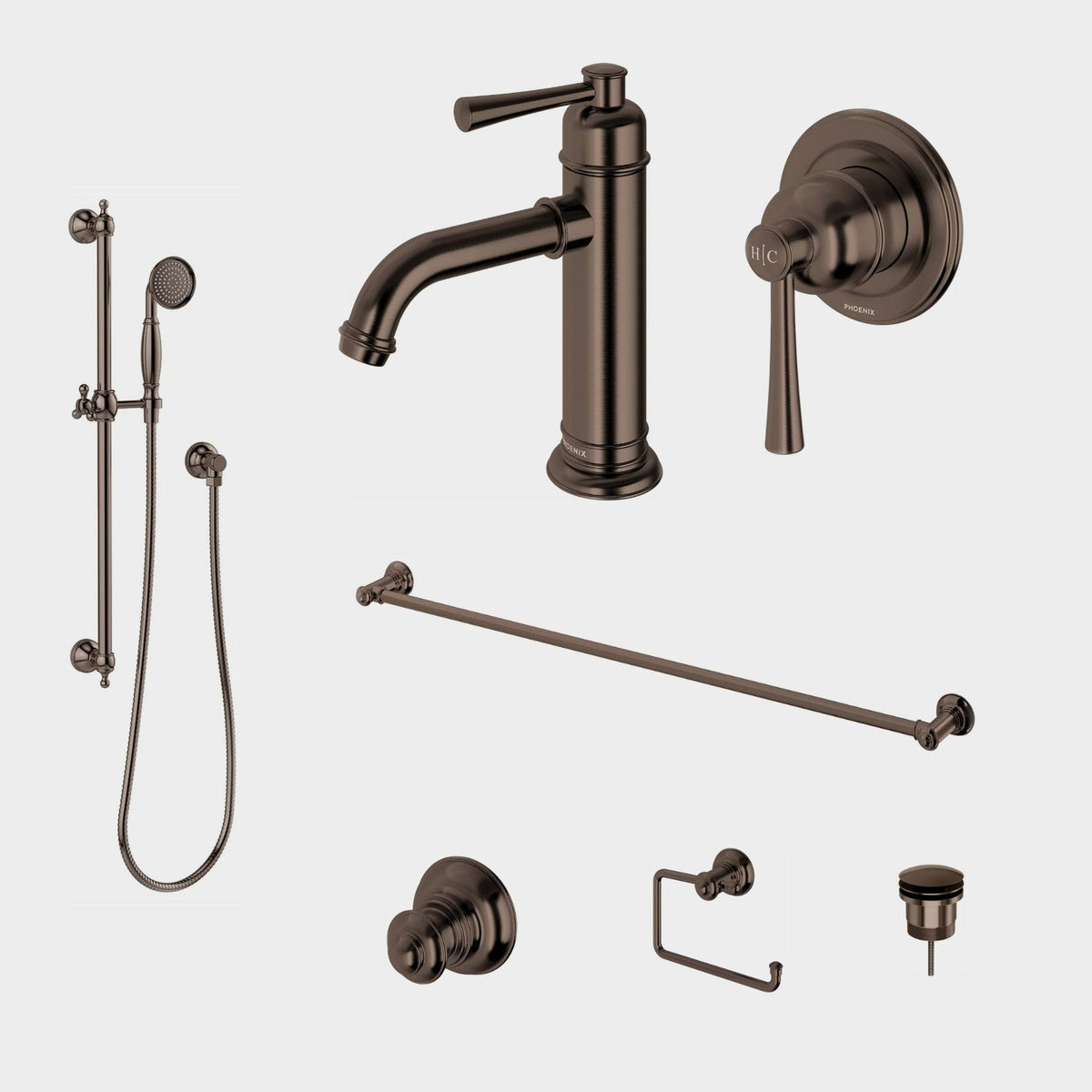 Phoenix Cromford 7-Piece Bathroom Package - Brushed Bronze: every piece in the package