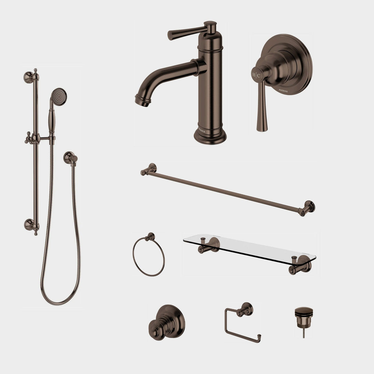 Phoenix Cromford 9-Piece Bathroom Package - Brushed Bronze: every piece in the package