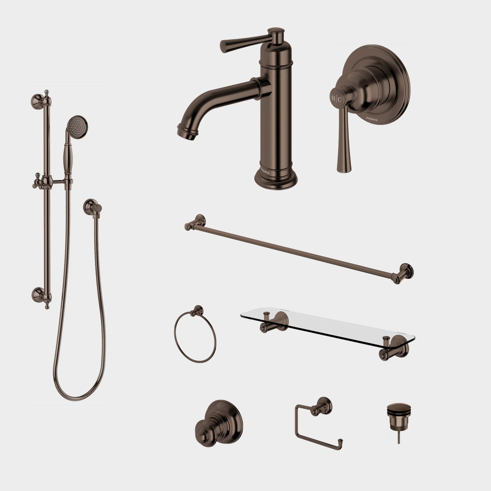 Phoenix Cromford 9-Piece Bathroom Package - Brushed Bronze: every piece in the package
