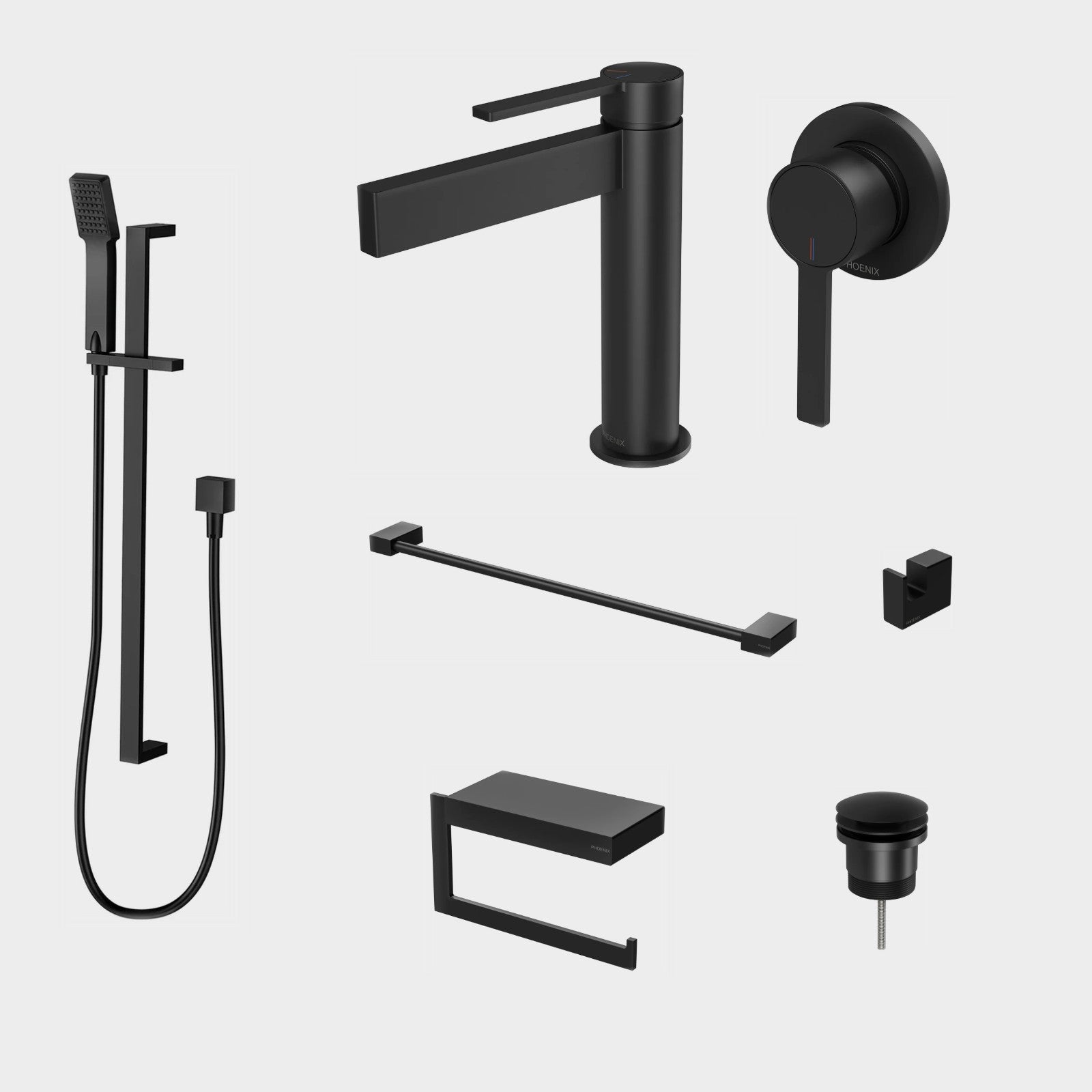 Phoenix Lexi MKII 7-Piece Bathroom Package - Matte Black: every piece in the package