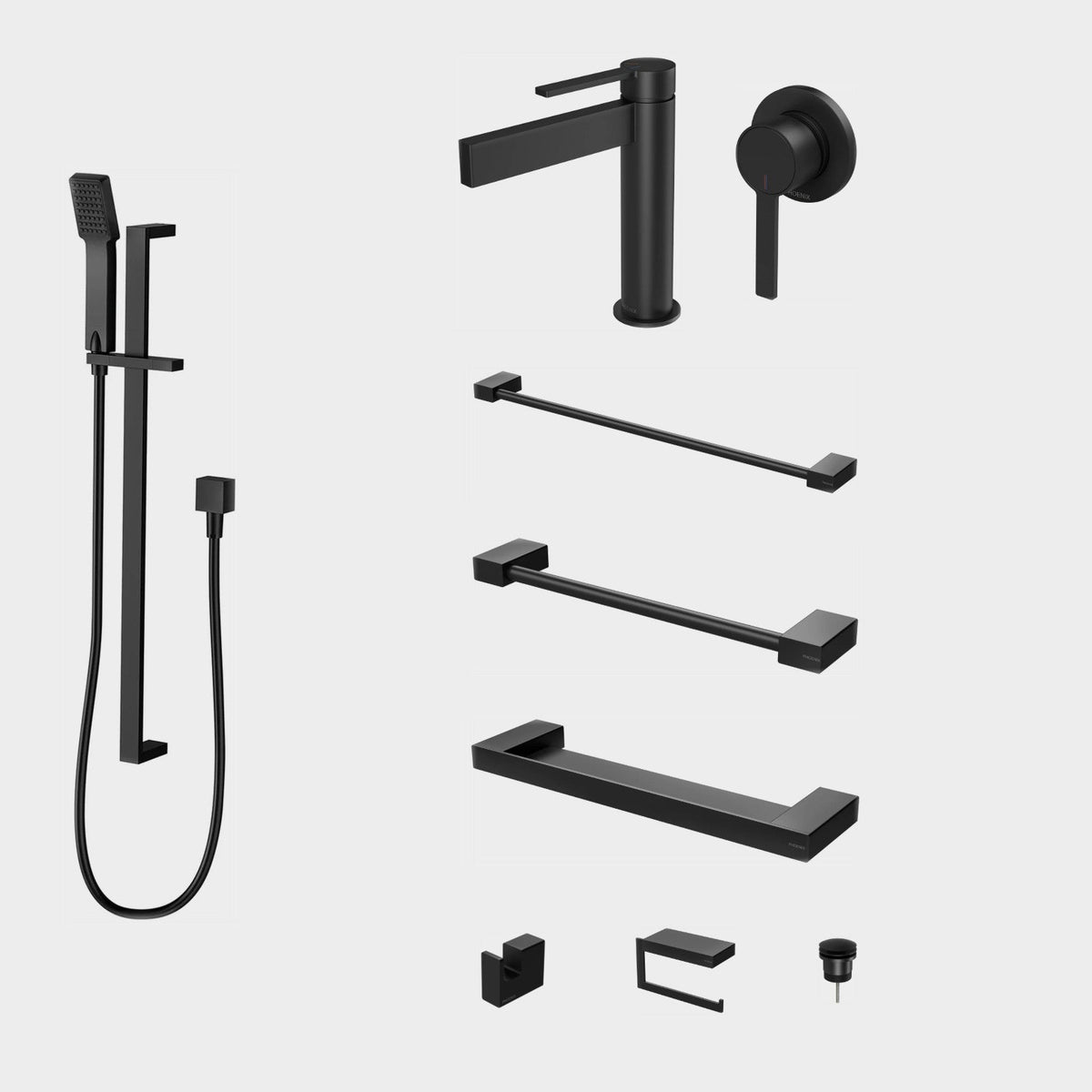 Phoenix Lexi MKII 9-Piece Bathroom Package - Matte Black: every piece in the package
