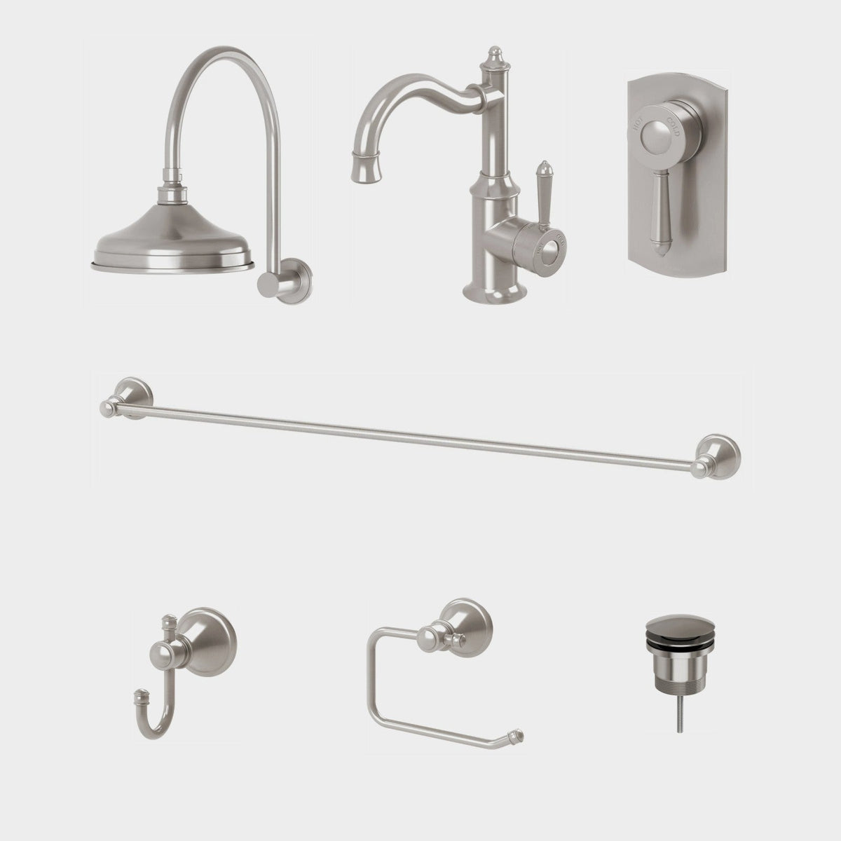 Phoenix Nostalgia 7-Piece Bathroom Package - Brushed Nickel: every piece in the package