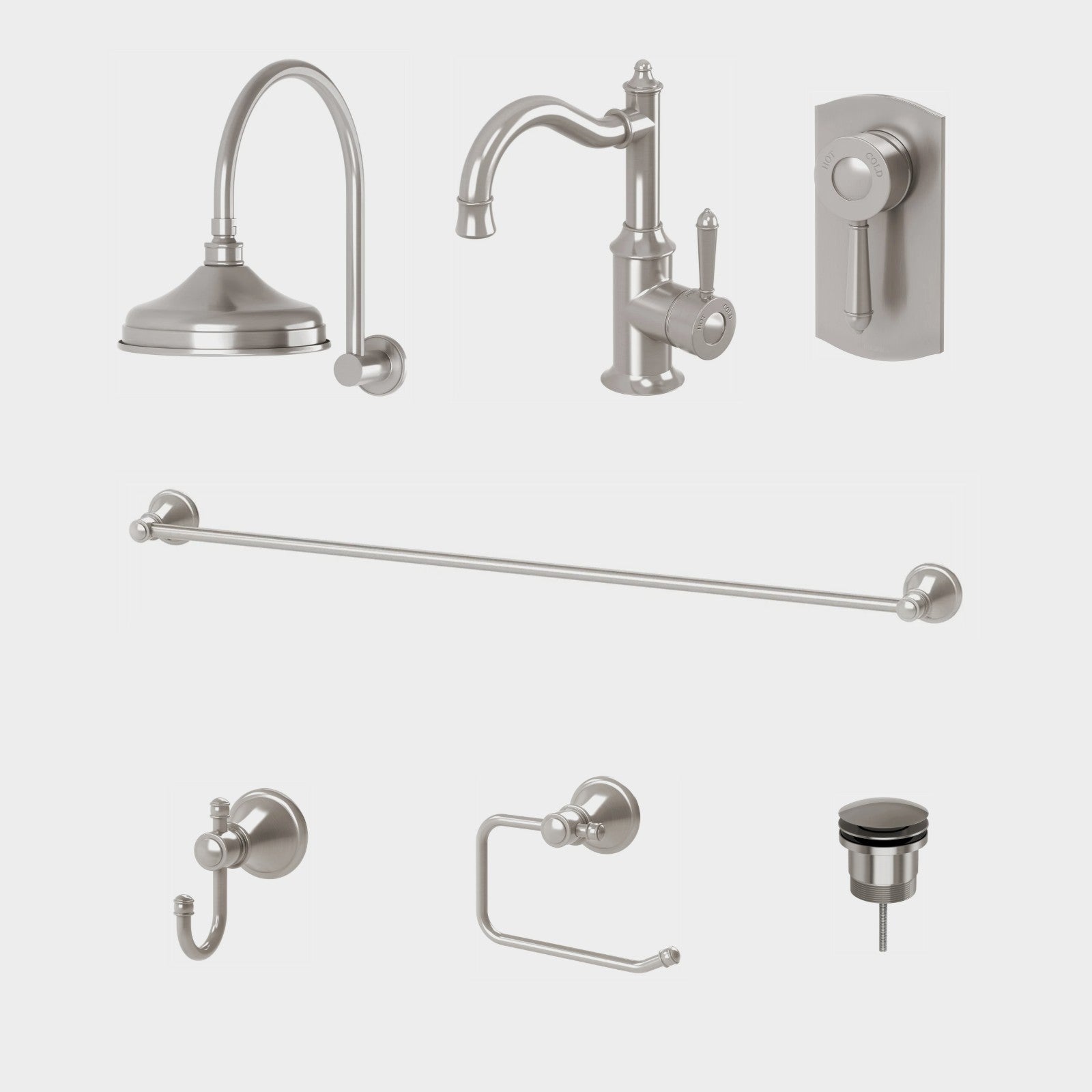 Phoenix Nostalgia 7-Piece Bathroom Package - Brushed Nickel: every piece in the package