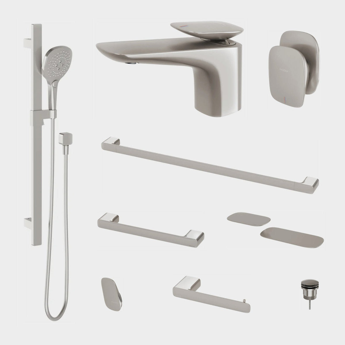 Phoenix Nuage 9-Piece Bathroom Package - Brushed Nickel: every piece in the package