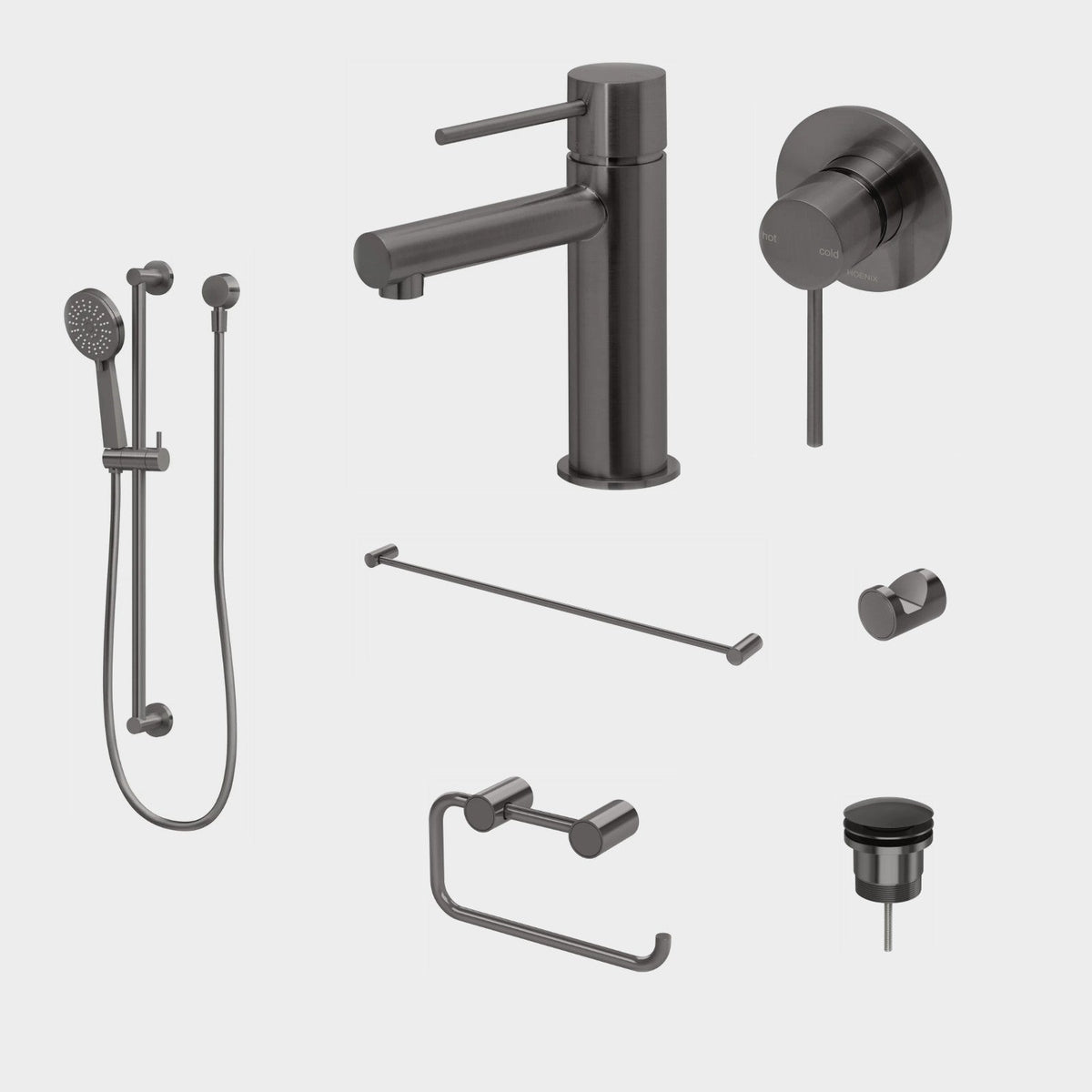 Phoenix Vivid Slimline 7-Piece Bathroom Package - Brushed Carbon: every piece in the package
