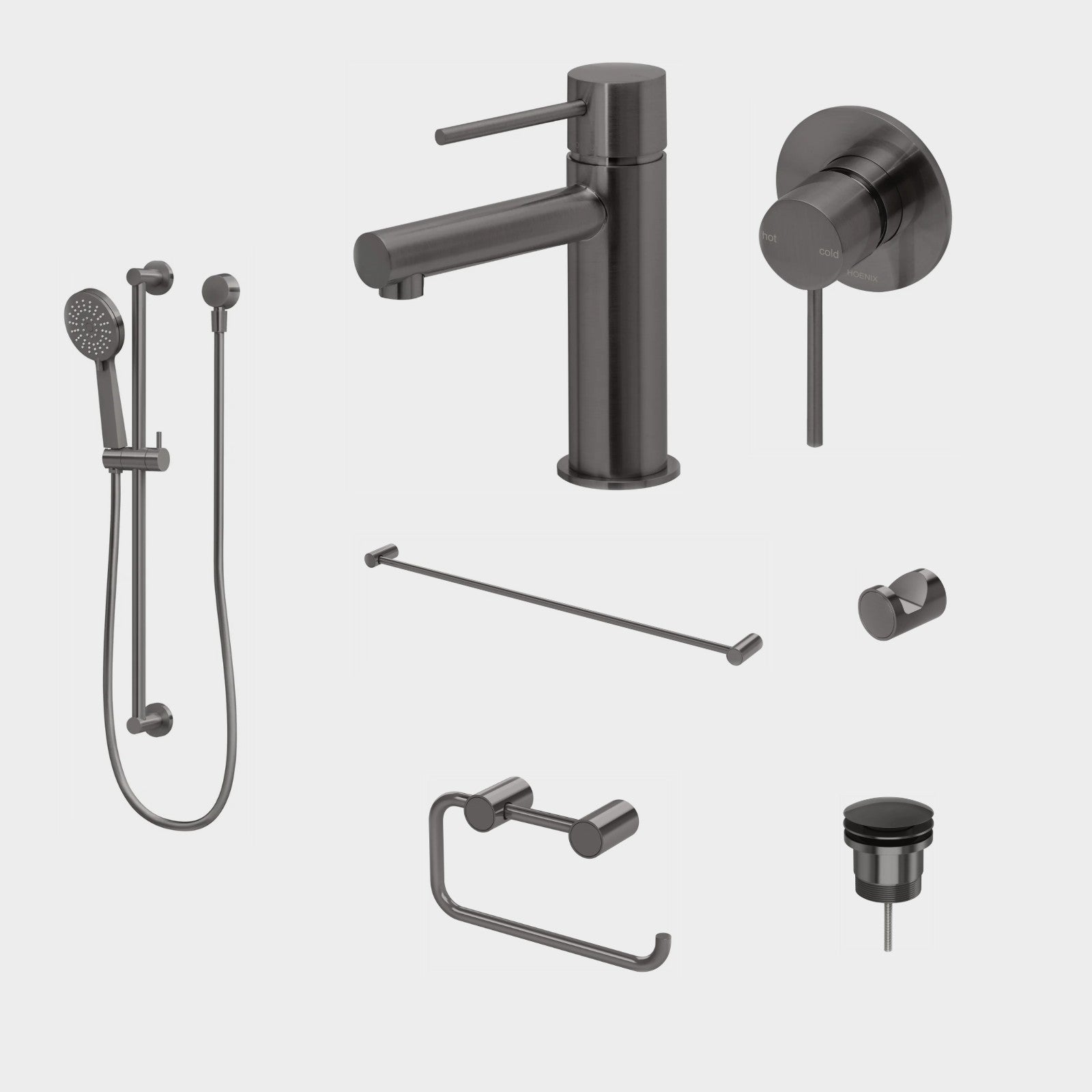 Phoenix Vivid Slimline 7-Piece Bathroom Package - Brushed Carbon: every piece in the package