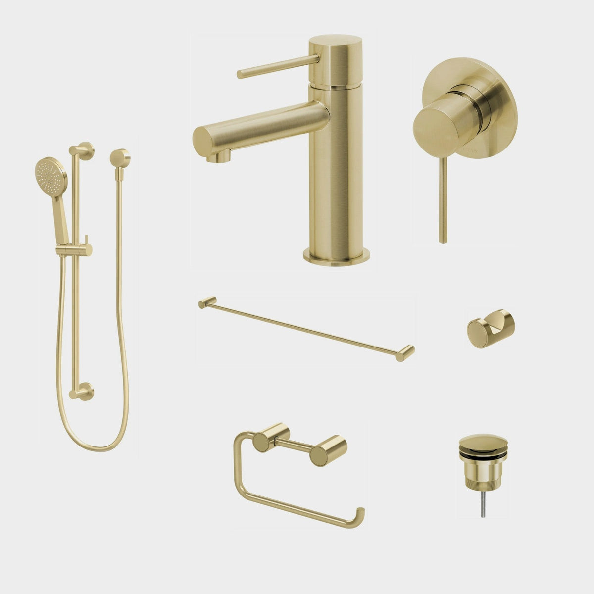 Phoenix Vivid Slimline 7-Piece Bathroom Package - Brushed Gold: every piece in the package