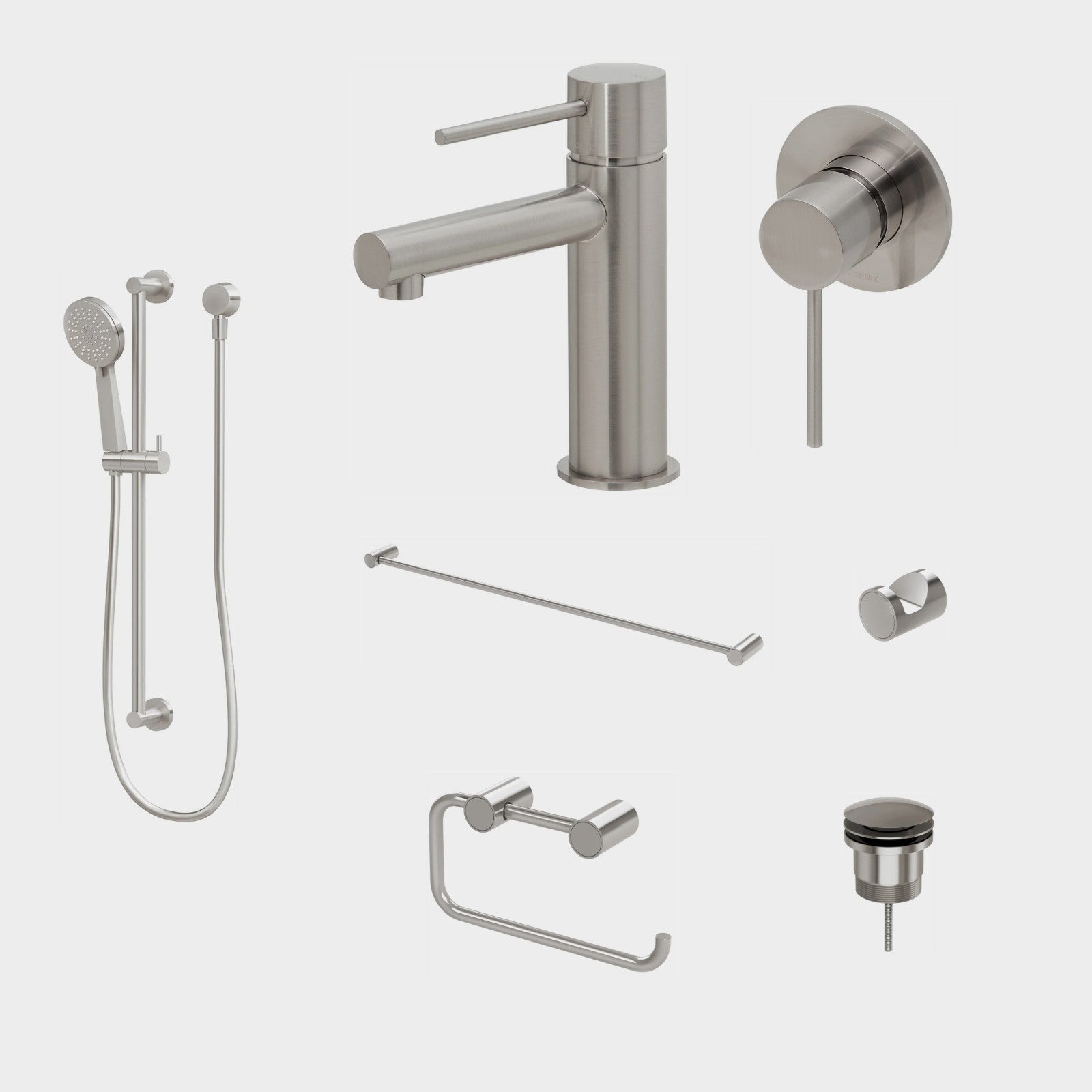 Phoenix Vivid Slimline 7-Piece Bathroom Package - Brushed Nickel: every piece in the package