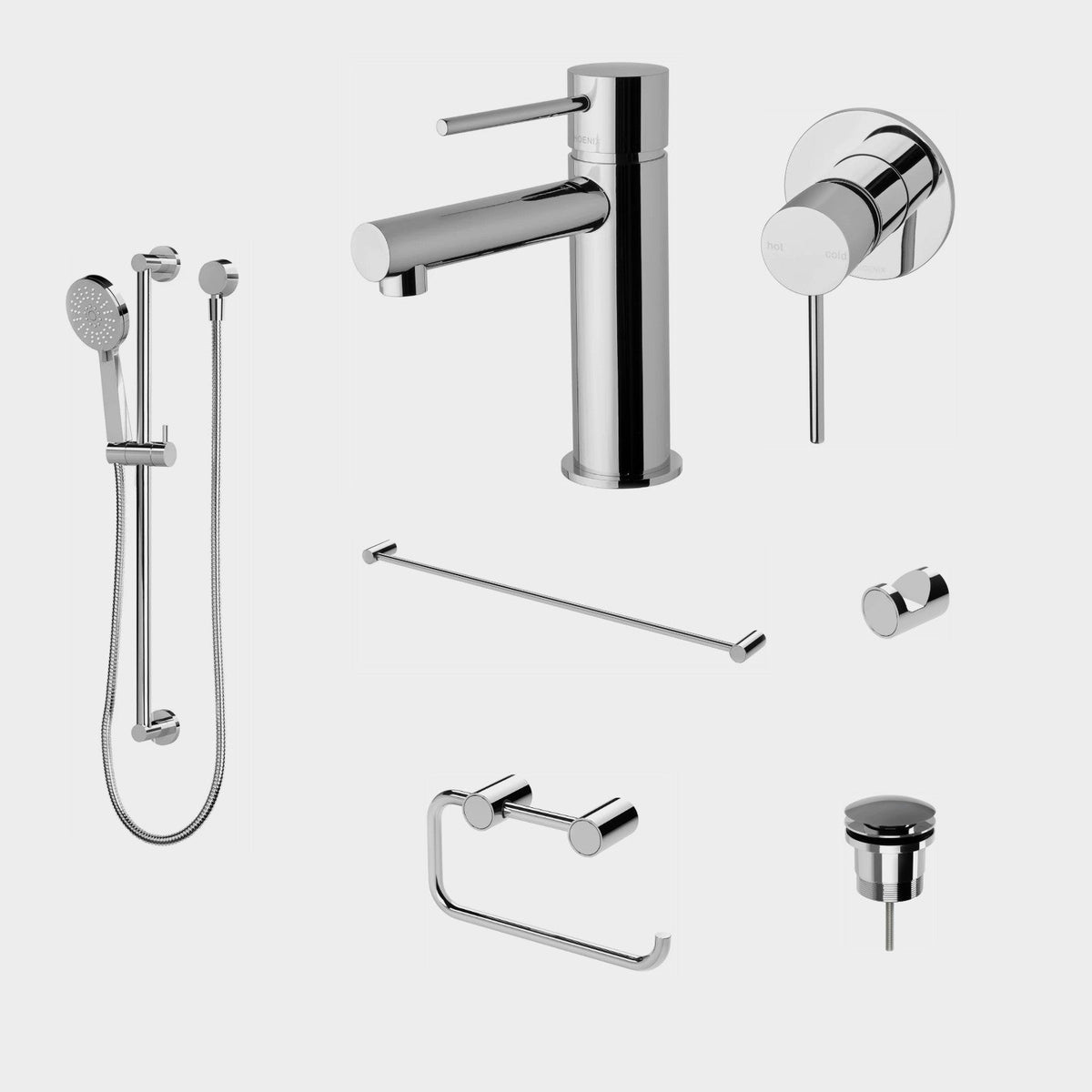 Phoenix Vivid Slimline 7-Piece Bathroom Package - Chrome: every piece in the package