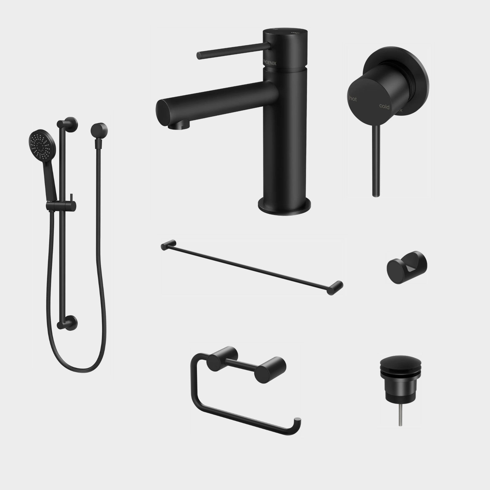 Phoenix Vivid Slimline 7-Piece Bathroom Package - Matte Black: every piece in the package