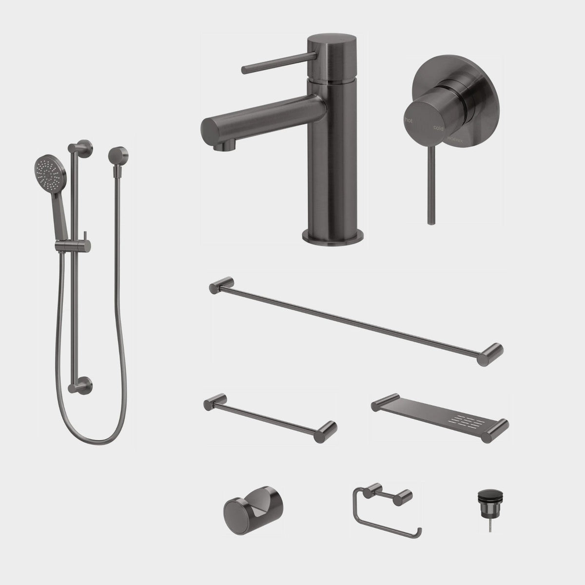 Phoenix Vivid Slimline 9-Piece Bathroom Package - Brushed Carbon: every piece in the package