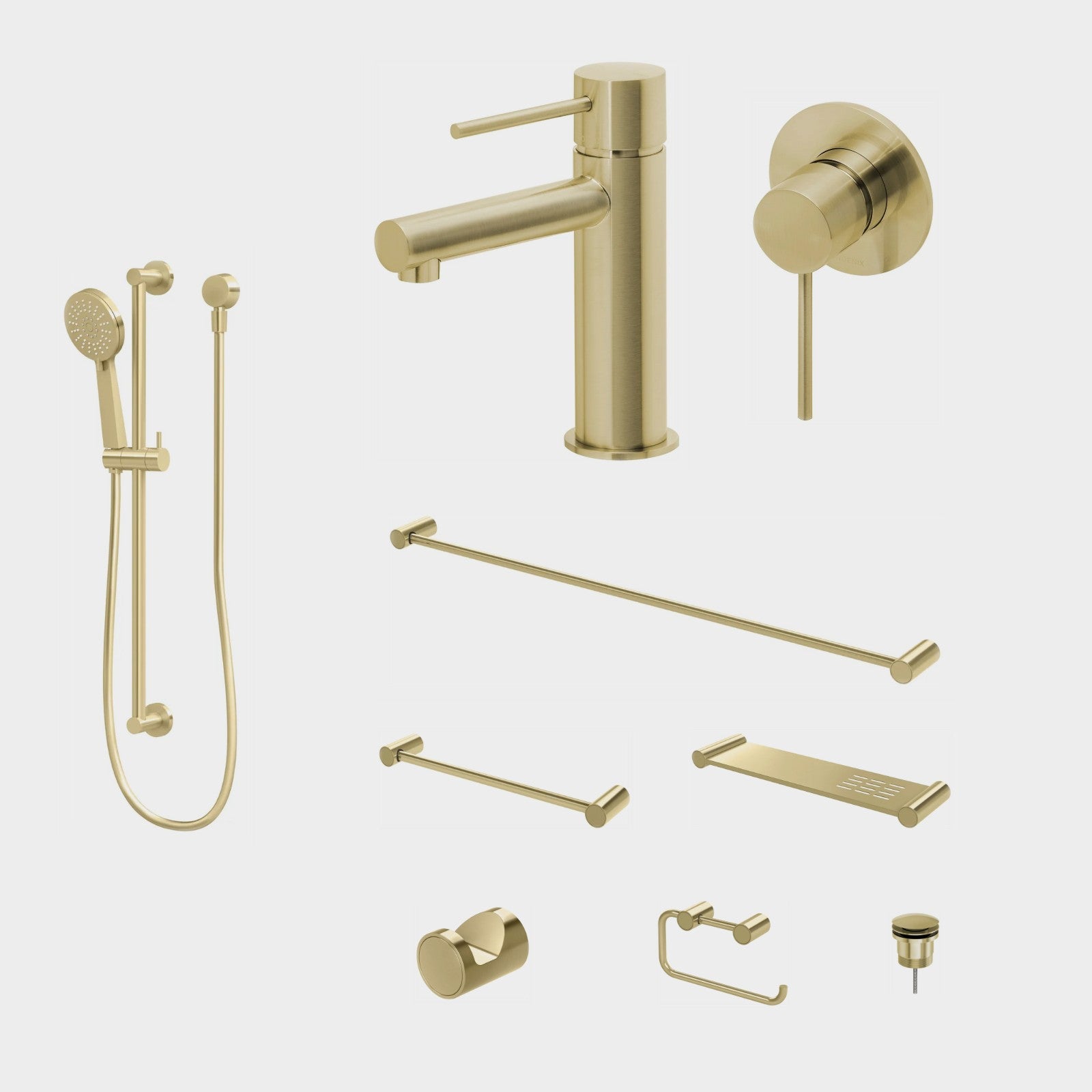 Phoenix Vivid Slimline 9-Piece Bathroom Package - Brushed Gold: every piece in the package