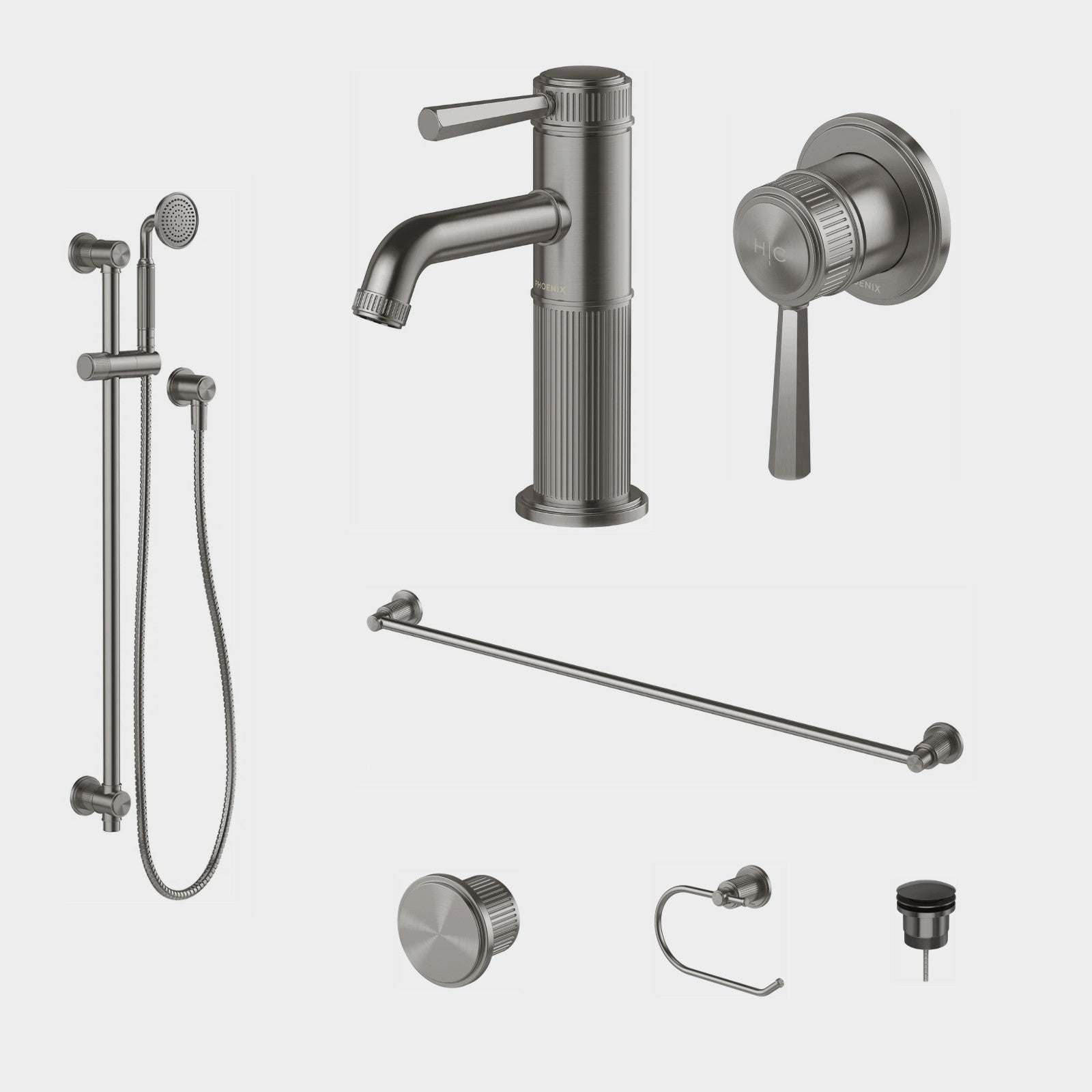 Phoenix Wiltern 7-Piece Bathroom Package - Brushed Carbon: every piece in the package
