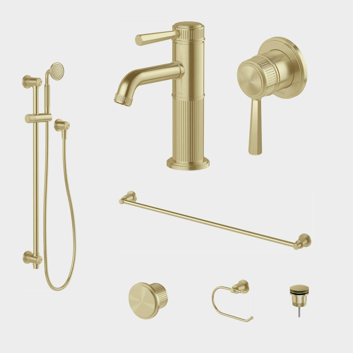 Phoenix Wiltern 7-Piece Bathroom Package - Brushed Gold: every piece in the package