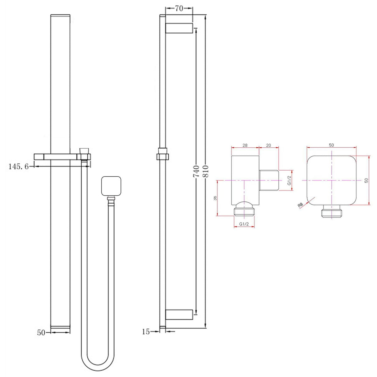Square Gun Metal Grey Sliding Shower Rail without handheld Shower (PVC Hose)