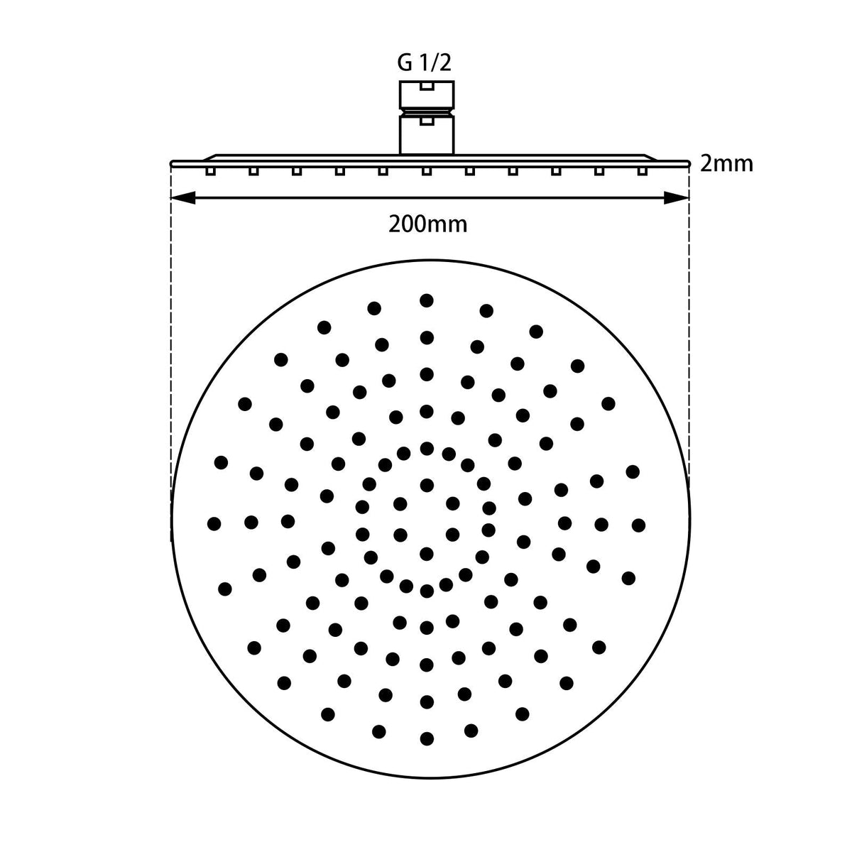Super-slim Round Black Rainfall Shower Head 200mm
