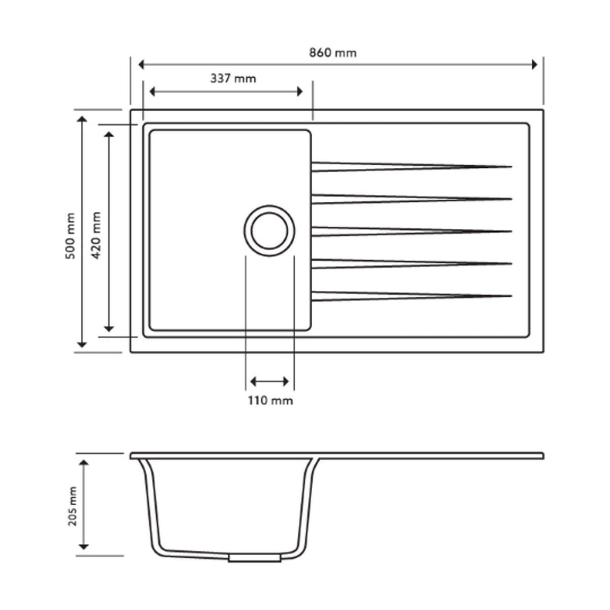 Carysil Vivaldi D100 Single Bowl With Drainer Board Granite Kitchen Sink Top/Flush/Under Mount | 860 x 500 x 205mm